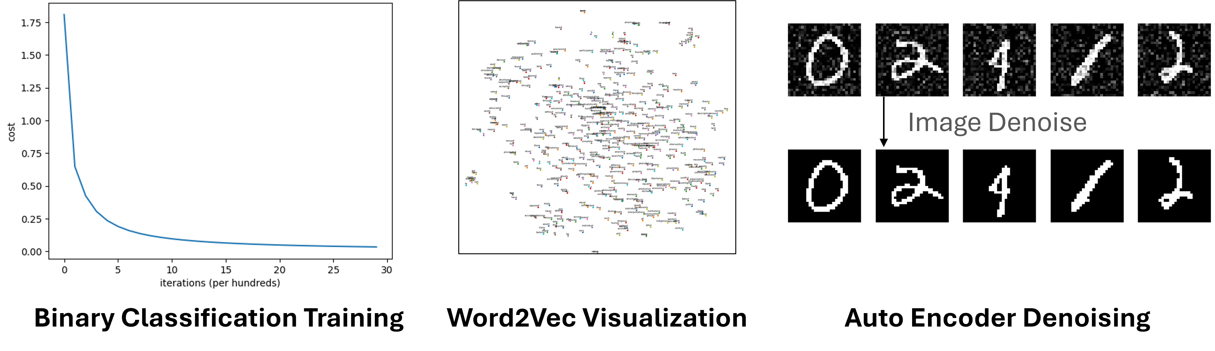 Sample outputs from core DL labs: neural-network training curve, Word2Vec embedding visualisation, and AutoEncoder denoising