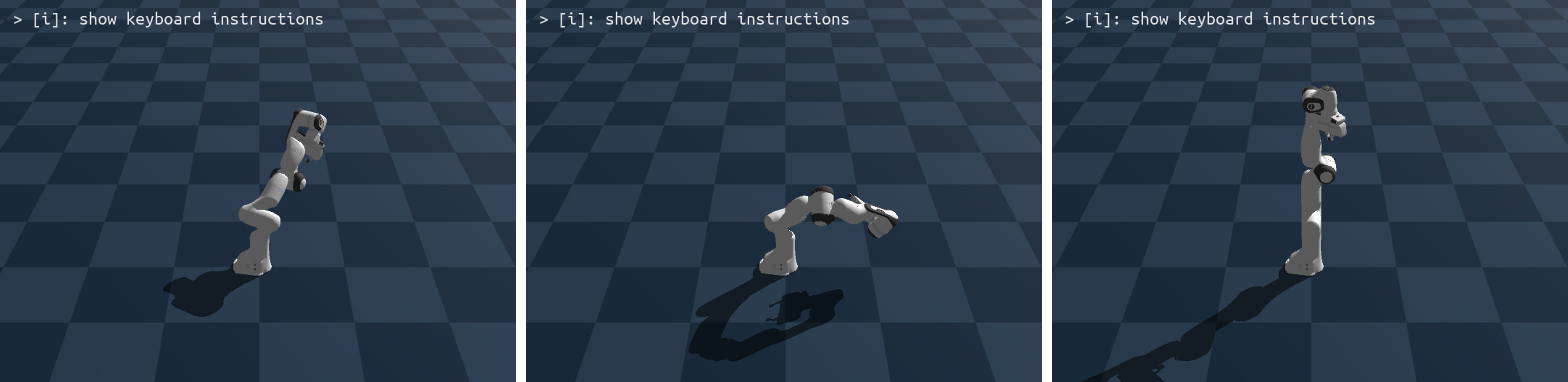 A robot arm without active control: falling, collapsed, and standing with PD control applied