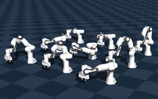 Hundreds of robot arms running in parallel within a single Genesis GPU scene