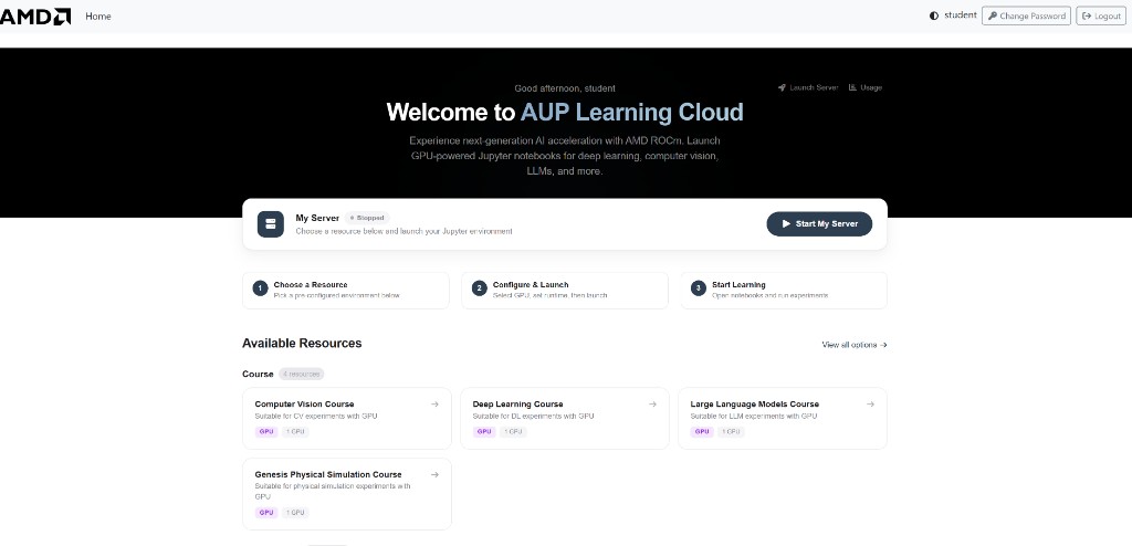 AUP Learning Cloud home page after login