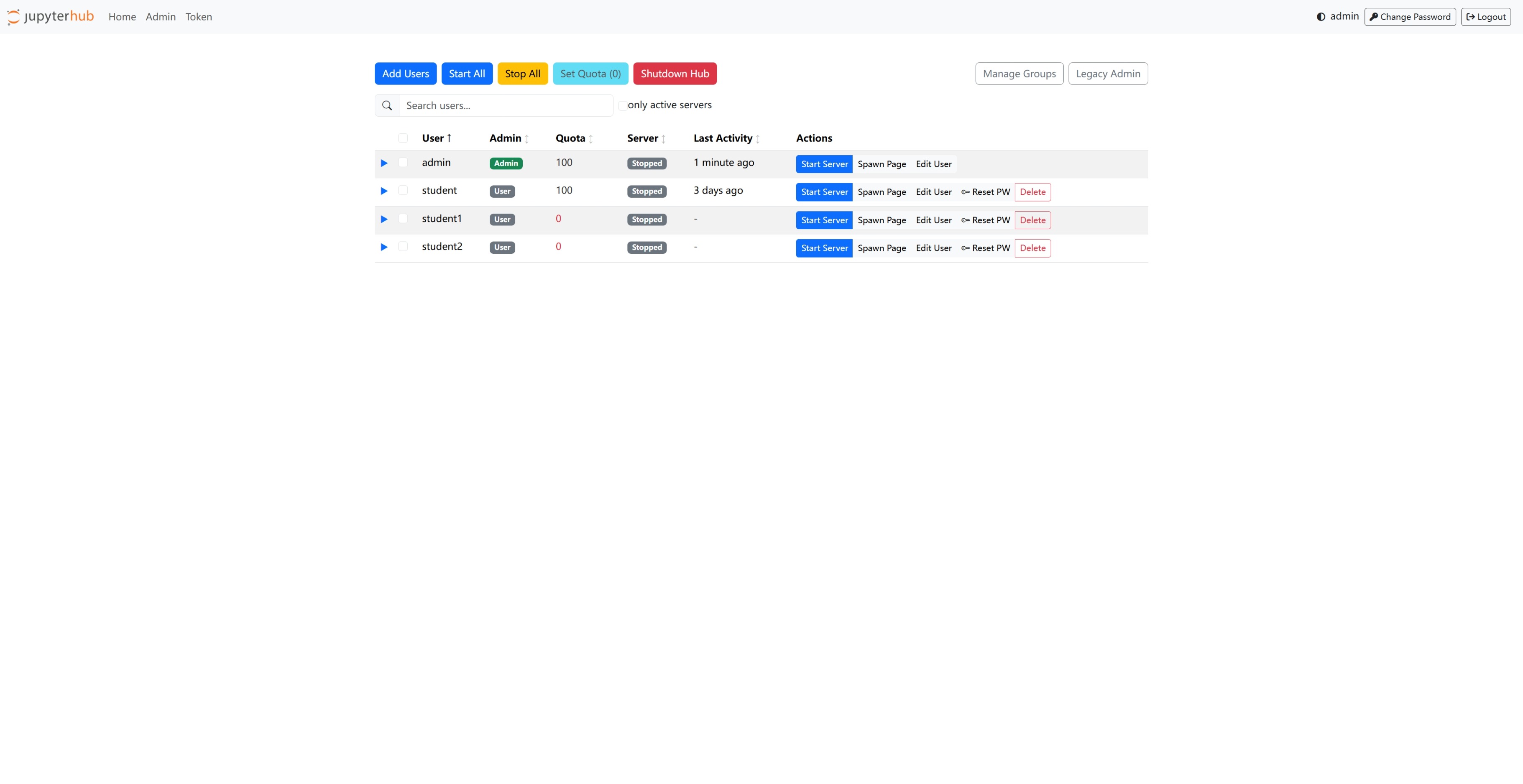 Users Page with Quota